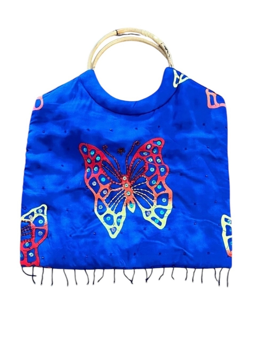 Blue Butterfly Handbag Bamboo Handle Beaded Fringe Boho Coastal